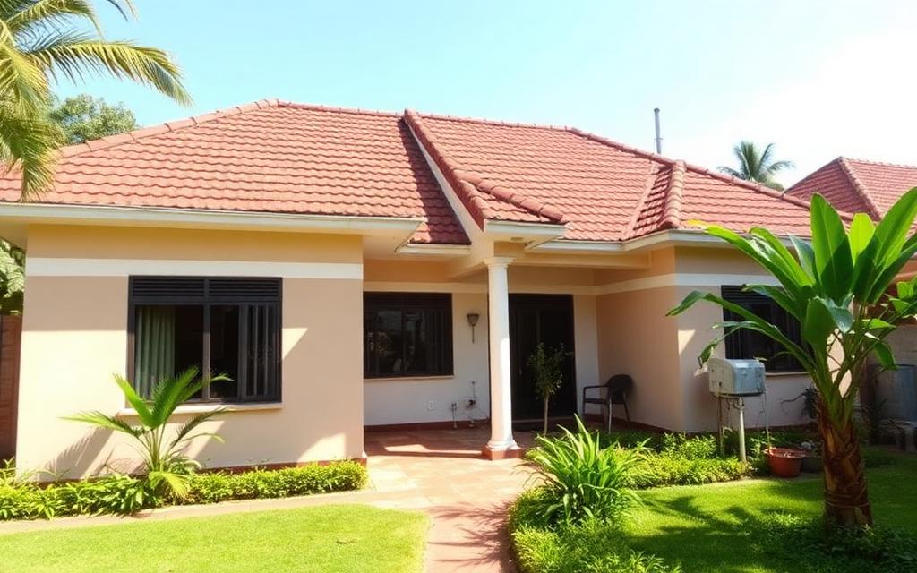 Modern Ugandan bungalow with tiled roof and green garden in Kira