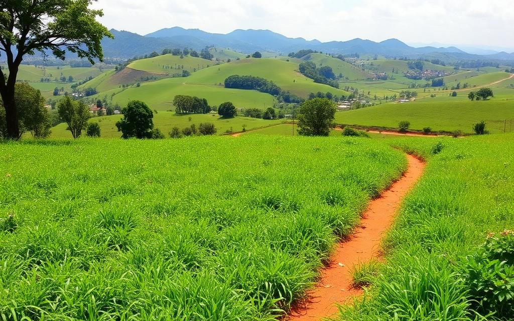 Green plot of land with rolling hills in Mukono, Uganda